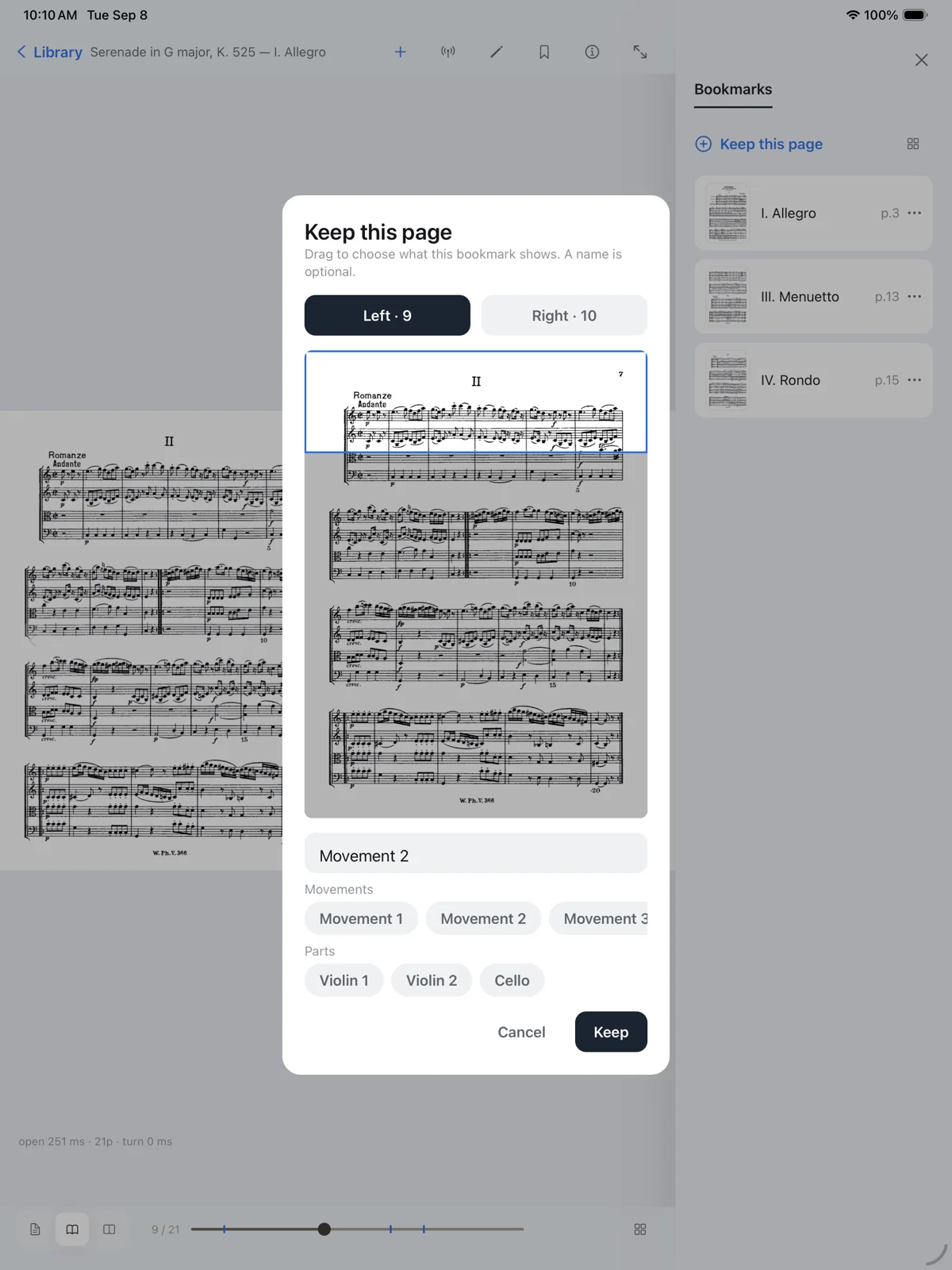 “Keep this page” on an iPad: dragging a frame over the exact passage a bookmark should show, with movement and part chips