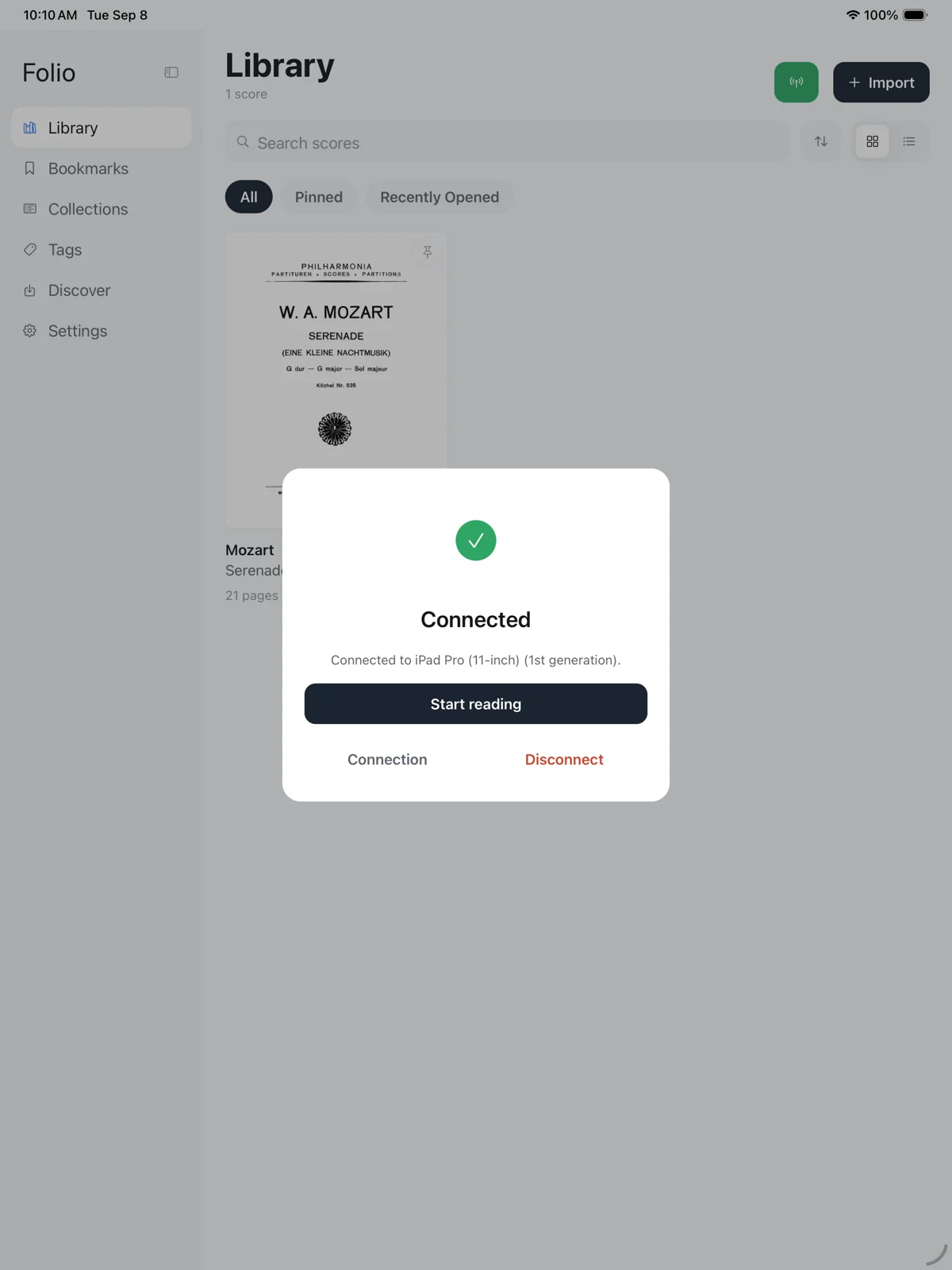 An iPad reporting “Connected to iPad Pro” with a Start reading button