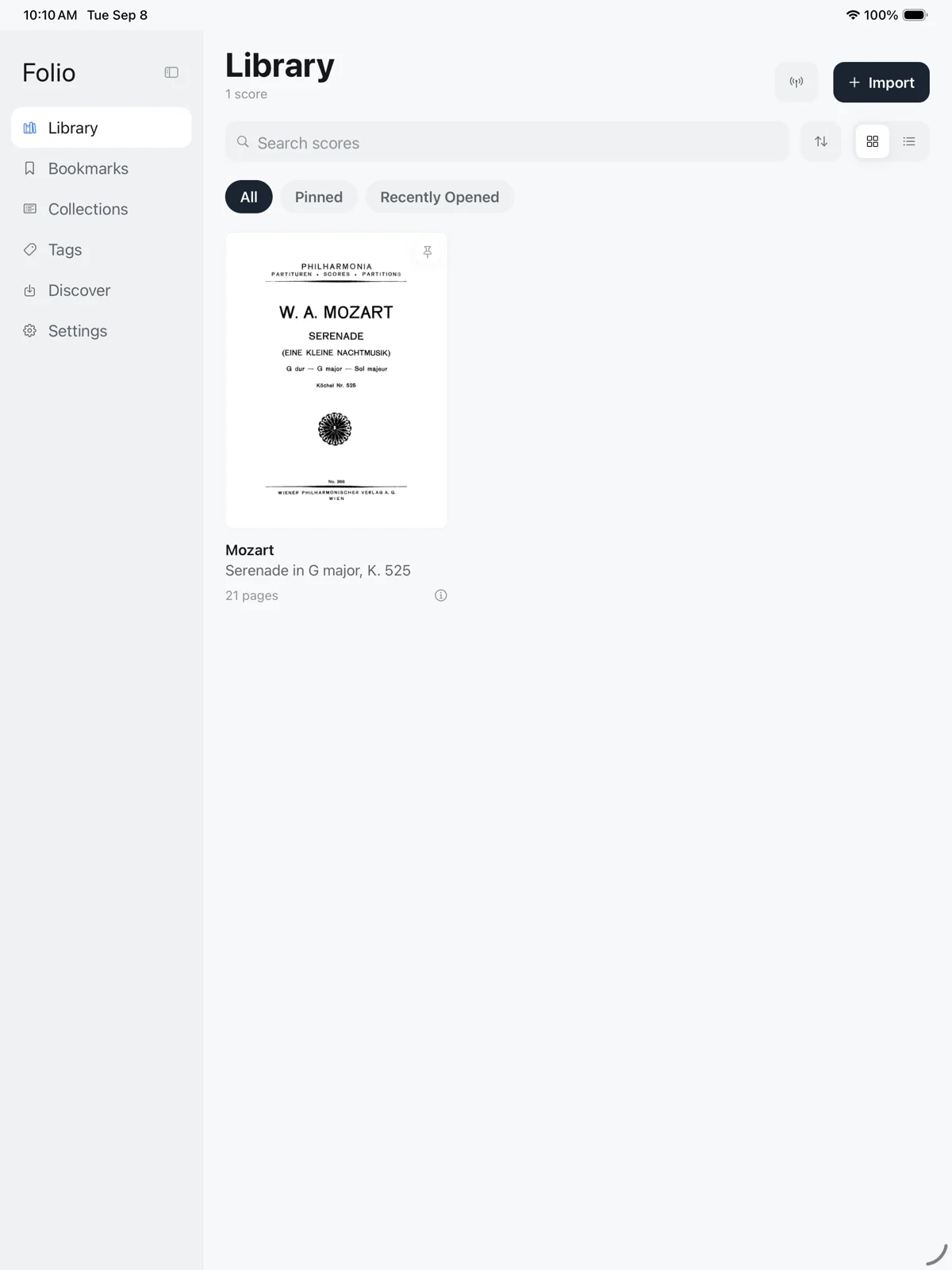 The Folio library on an iPad: one score, its cover leading, with search, filters and a sidebar