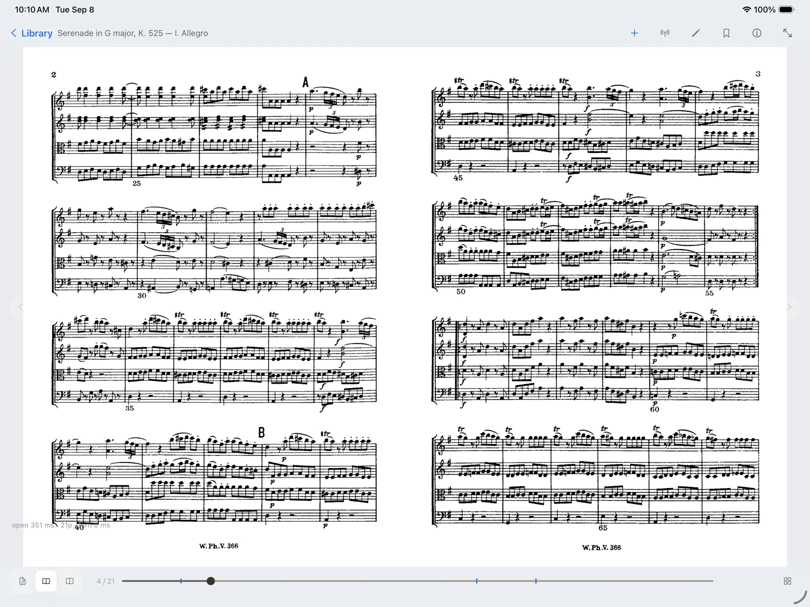 Two pages of a string serenade side by side in the Folio reader, with no controls showing