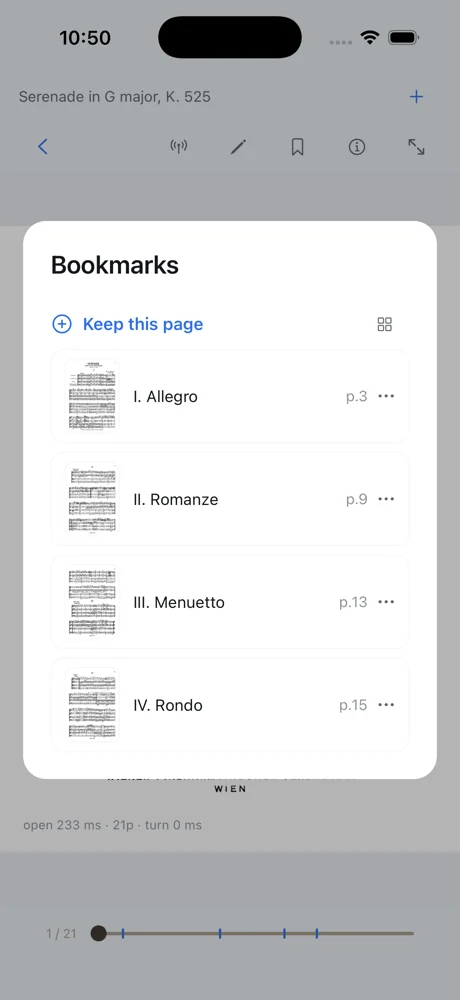 The bookmarks sheet on an iPhone listing four movements with thumbnails