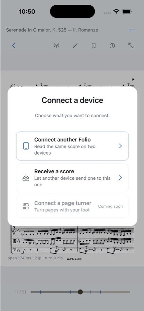 The Connect a device sheet on an iPhone: connect another Folio, or receive a score